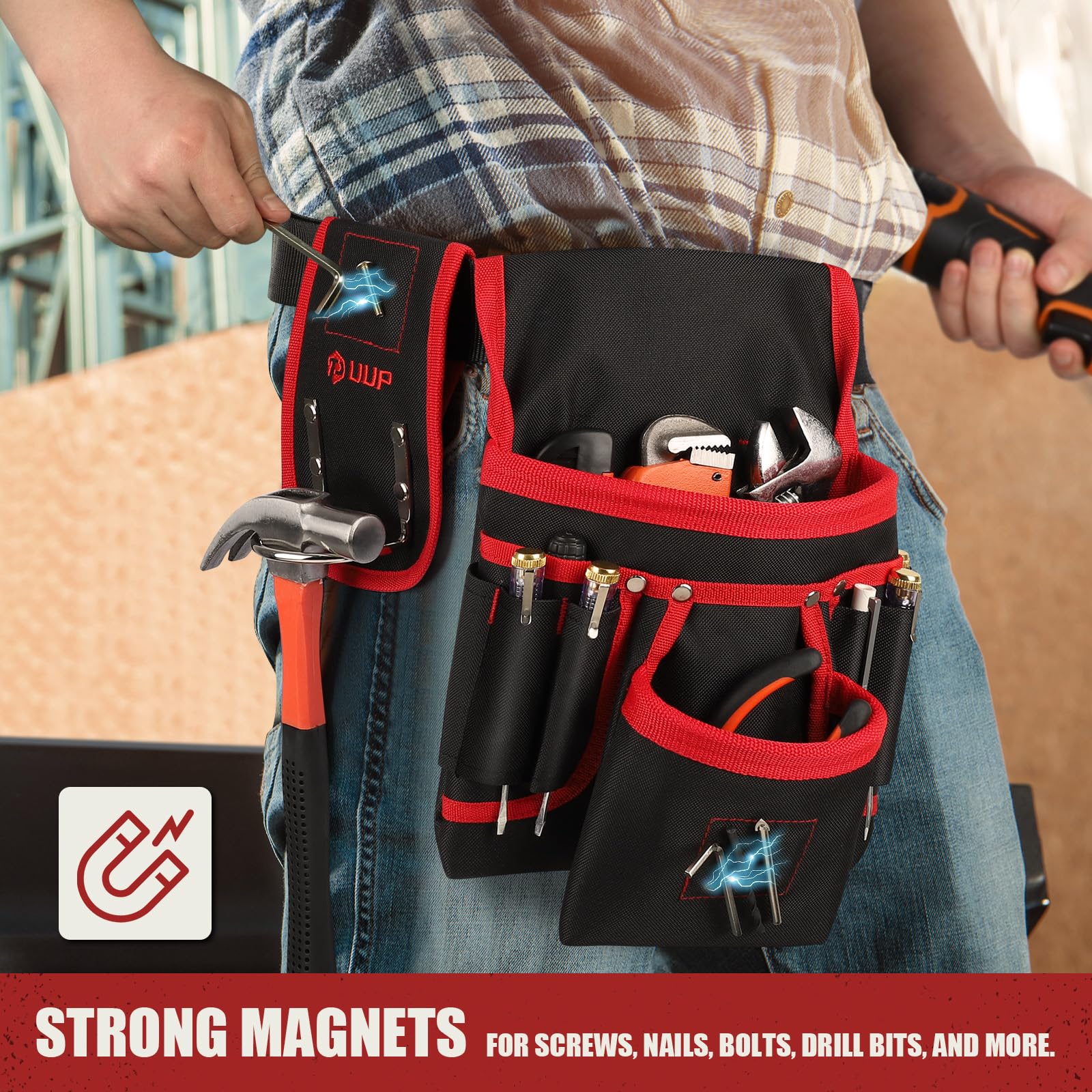 UUP magnetic holster holds nails and screws for quick access.