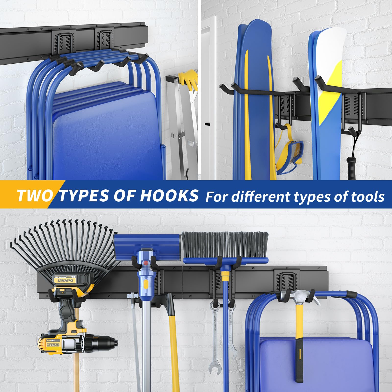 UUP multi-function storage holds gardening tools, brooms, hoses, and cords.