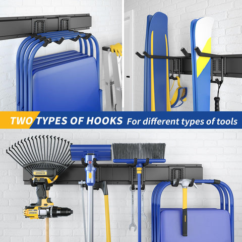 UUP multi-function storage holds gardening tools, brooms, hoses, and cords.