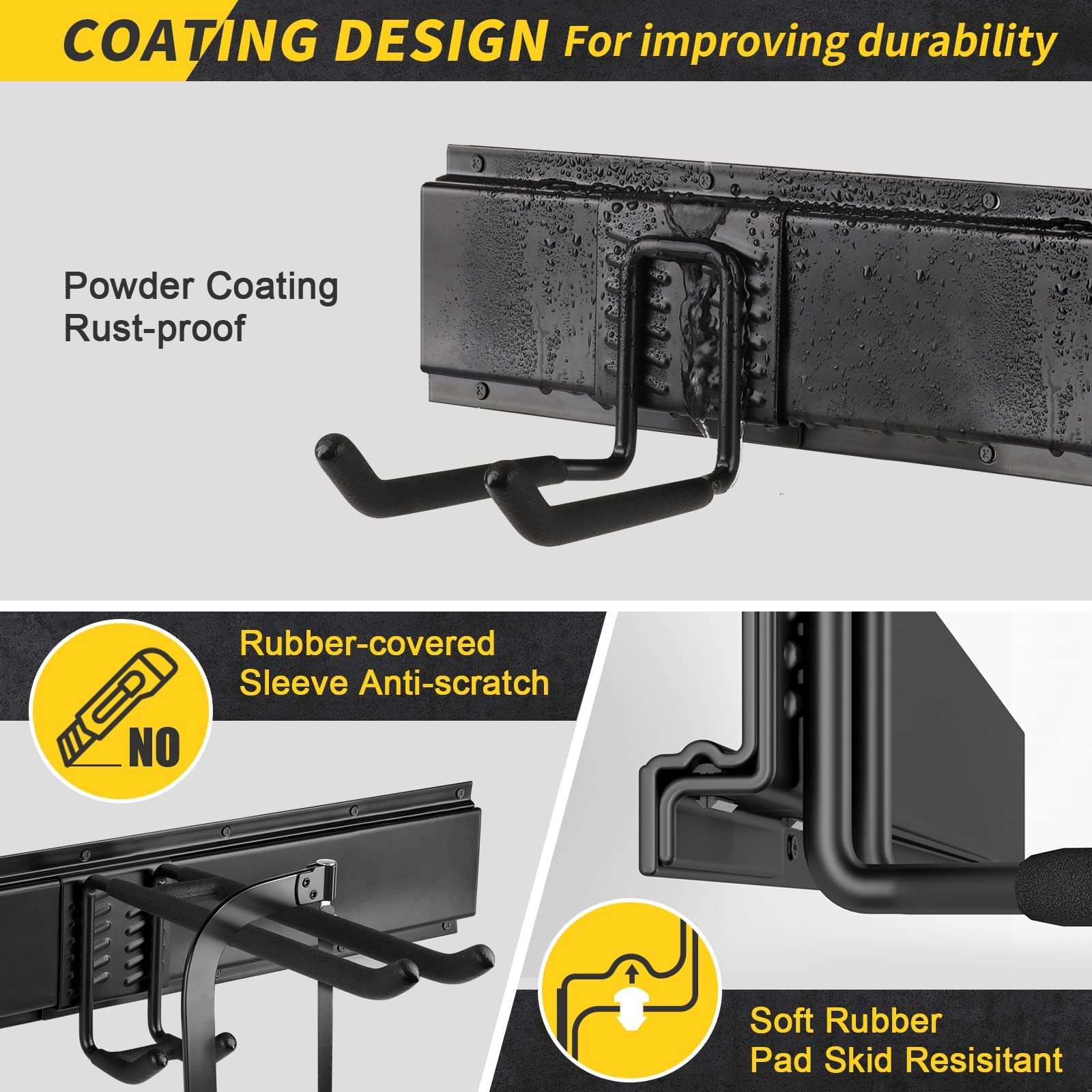 Rubber-coated hanging arms protect tools from scratches while securing them in place.