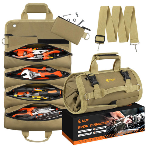 UUP Tool Bag Roll Up front view with rugged khaki fabric and sturdy hardware.