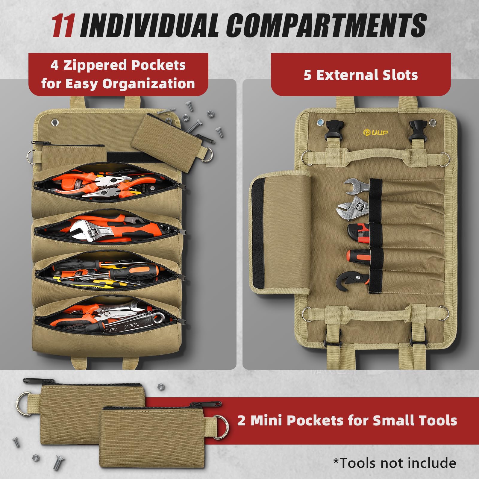 UUP Tool Bag Roll Up opened with tools for organized access.