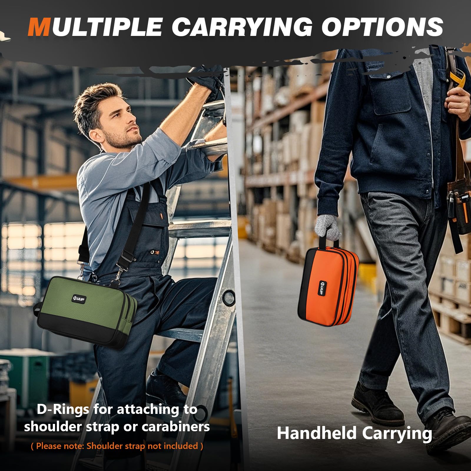 UUP sturdy top handle and D-rings enable secure carrying and strap attachment.