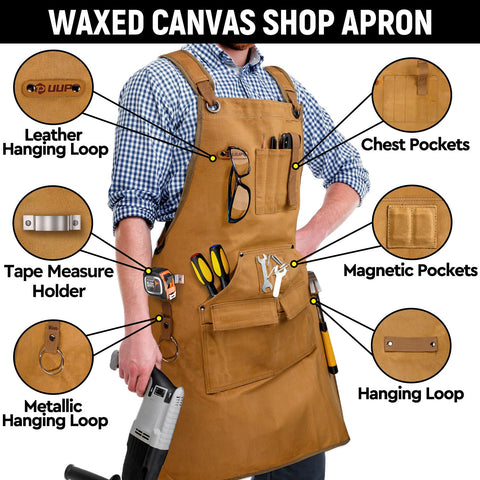 UUP woodworking apron has nine tool pockets for organized storage of tools and phone