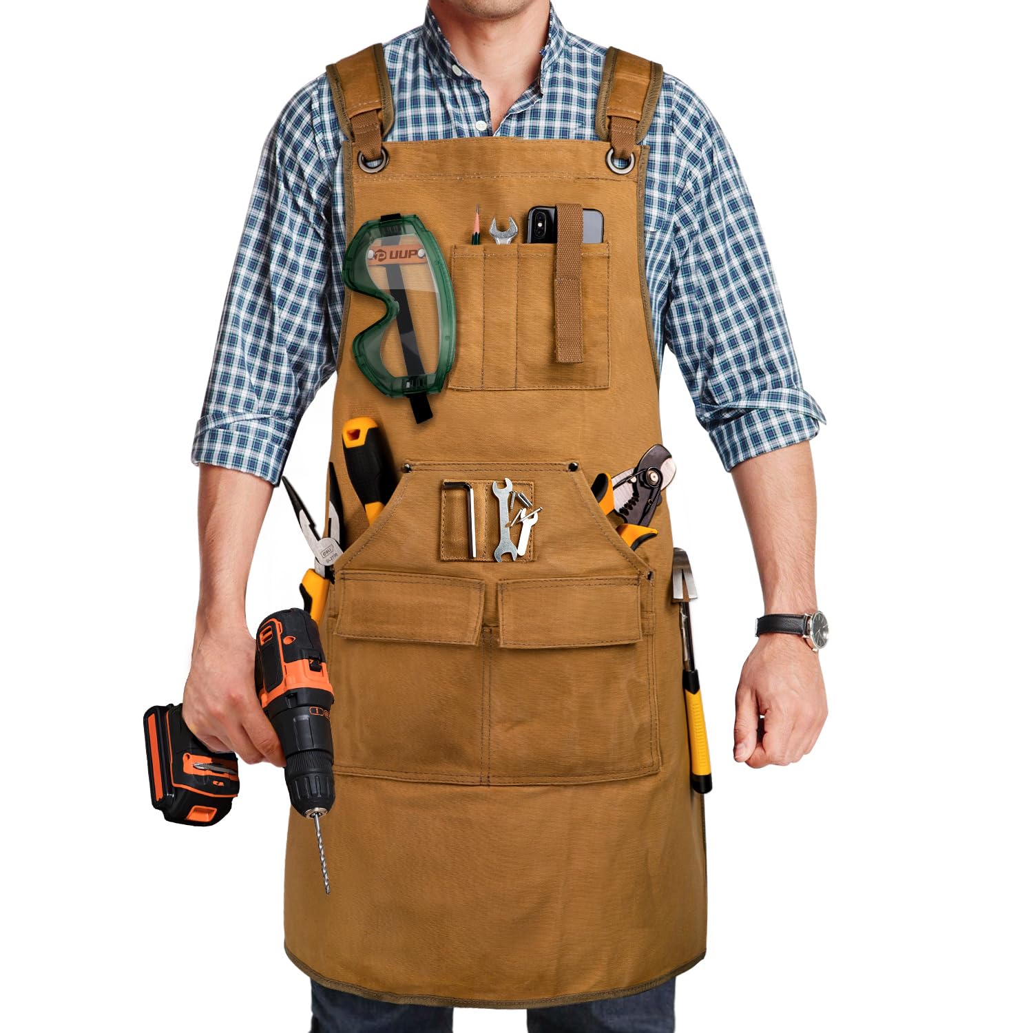 UUP woodworking apron front view shows rugged khaki canvas for durable carpentry work