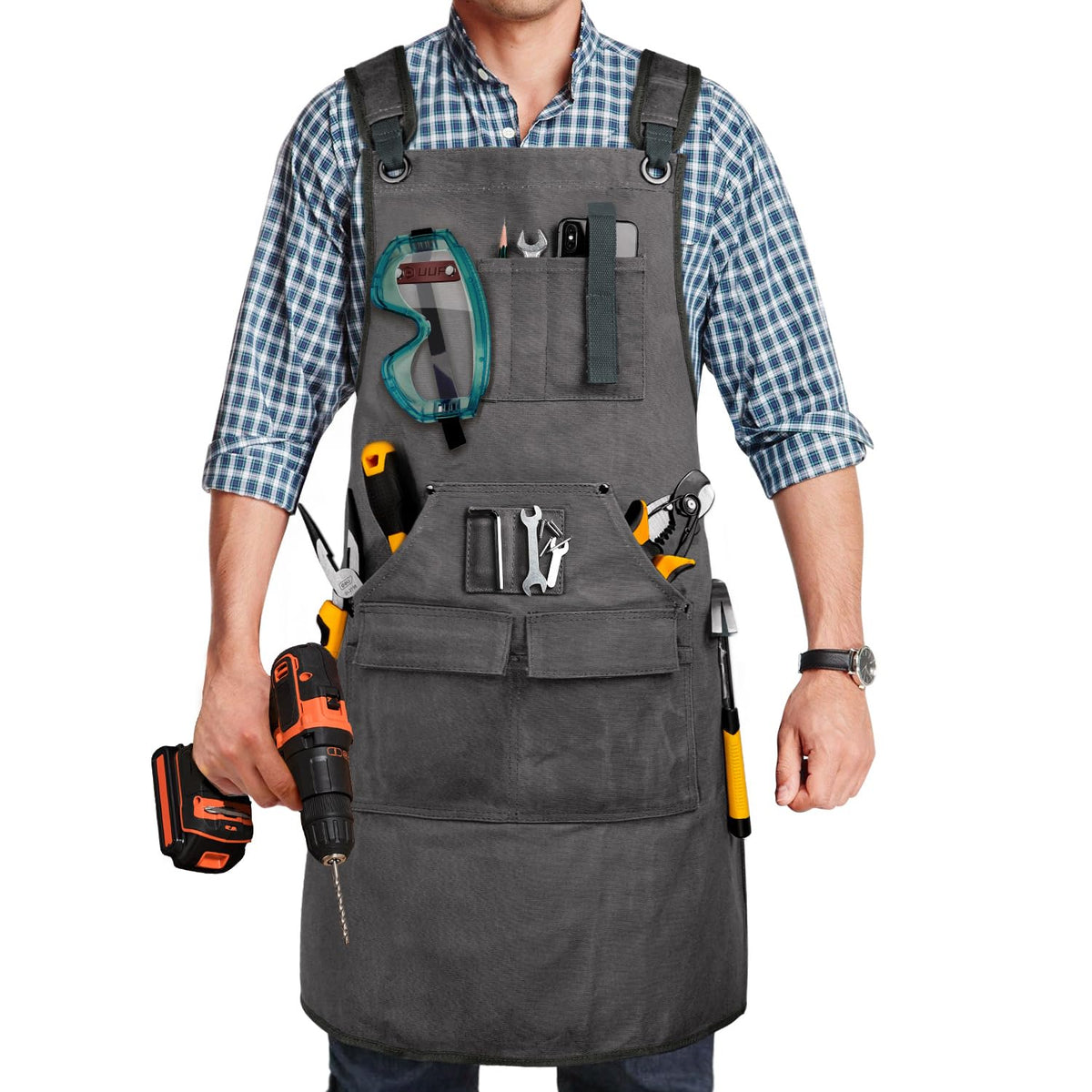 UUP woodworking apron grey front view with rugged 20oz canvas