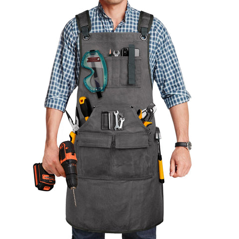 UUP woodworking apron grey front view with rugged 20oz canvas