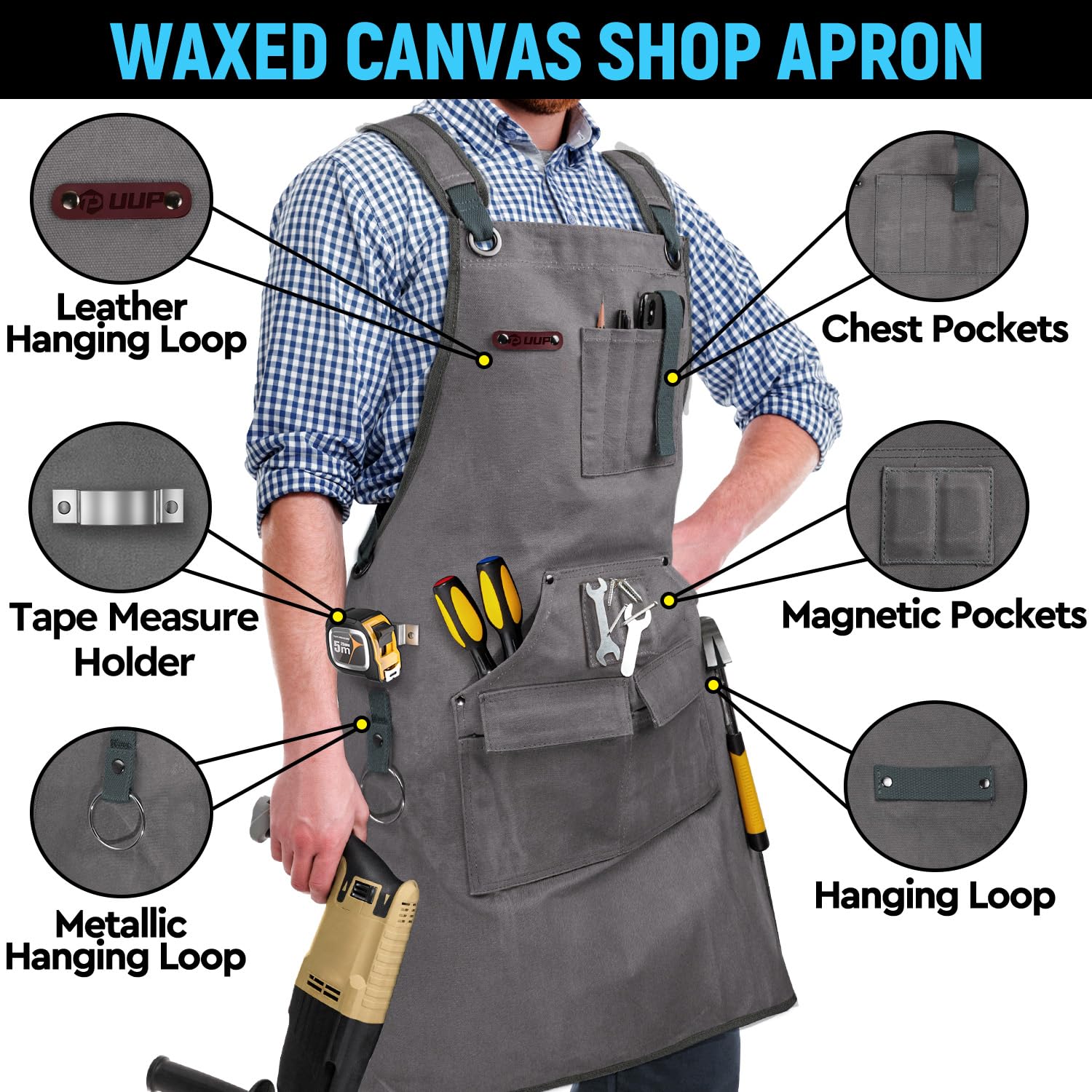 UUP apron grey shows 9-pocket layout for organized tools