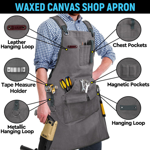 UUP apron grey shows 9-pocket layout for organized tools
