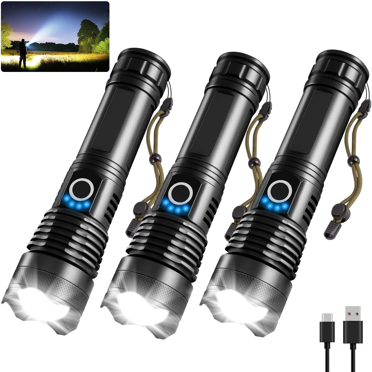 UUYEE 3Pack high lumen flashlight beam lights up large spaces