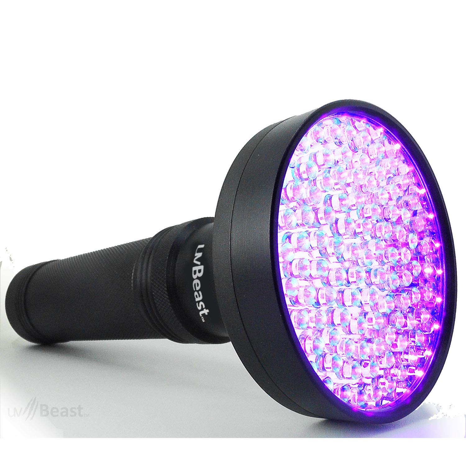 uvBeast black light flashlight front view shows compact design and bright UV beam.