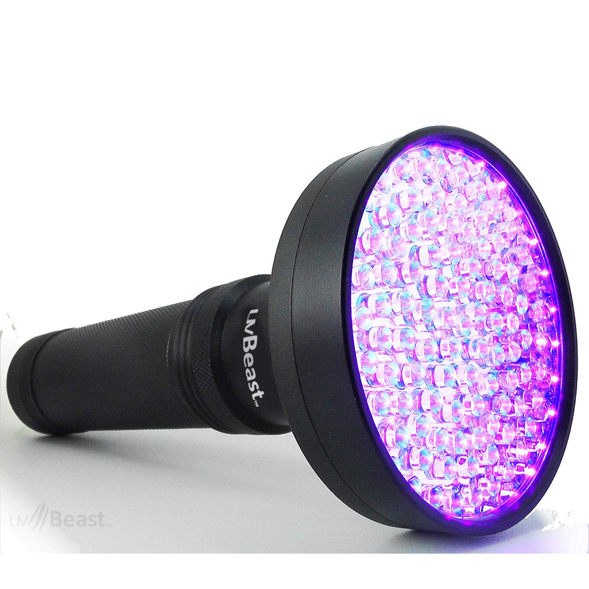 uvBeast black light flashlight front view shows compact design and bright UV beam.