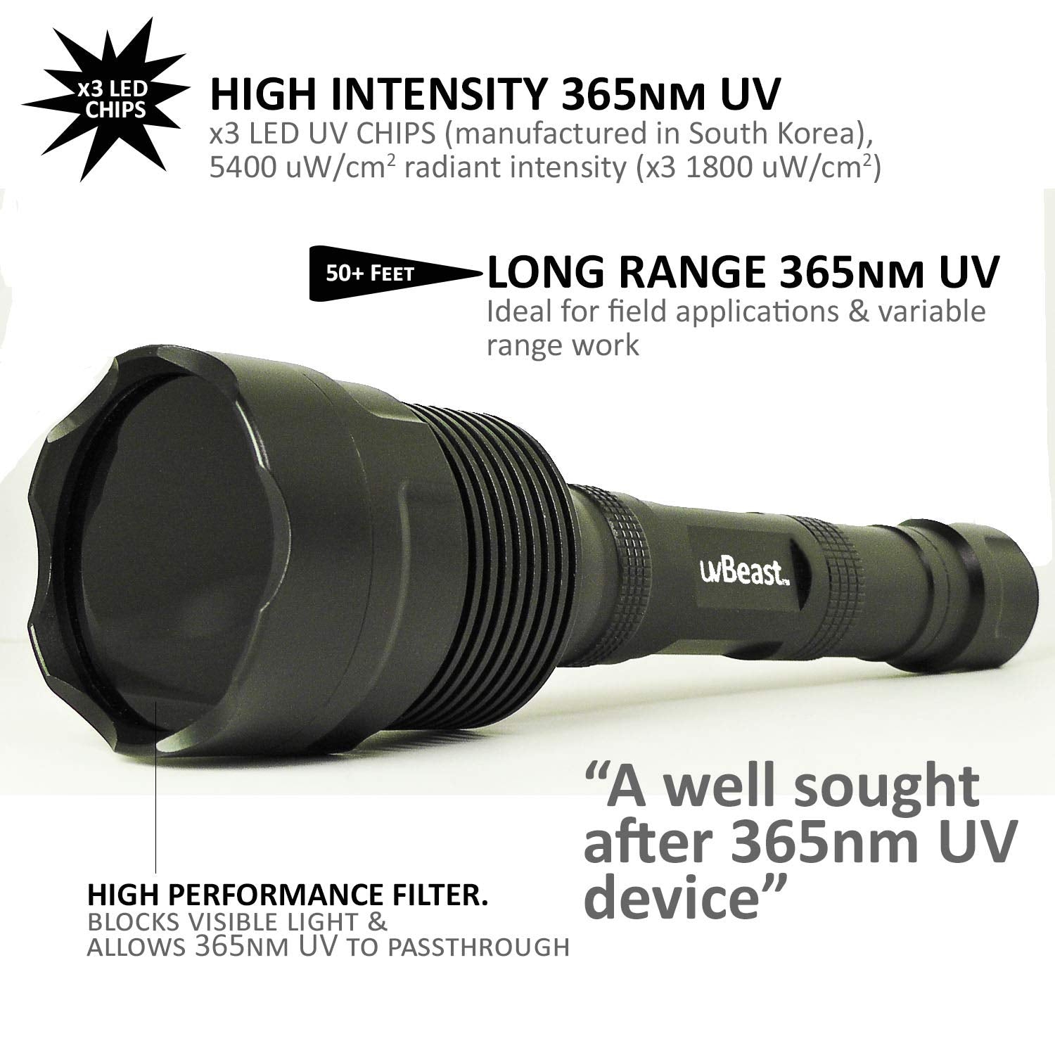 uvBeast V3 features three 365nm LEDs for robust UV output