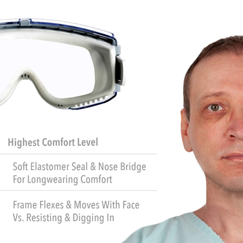 Uvex Stealth goggles show a pivoting neoprene headband for a secure, adjustable fit.