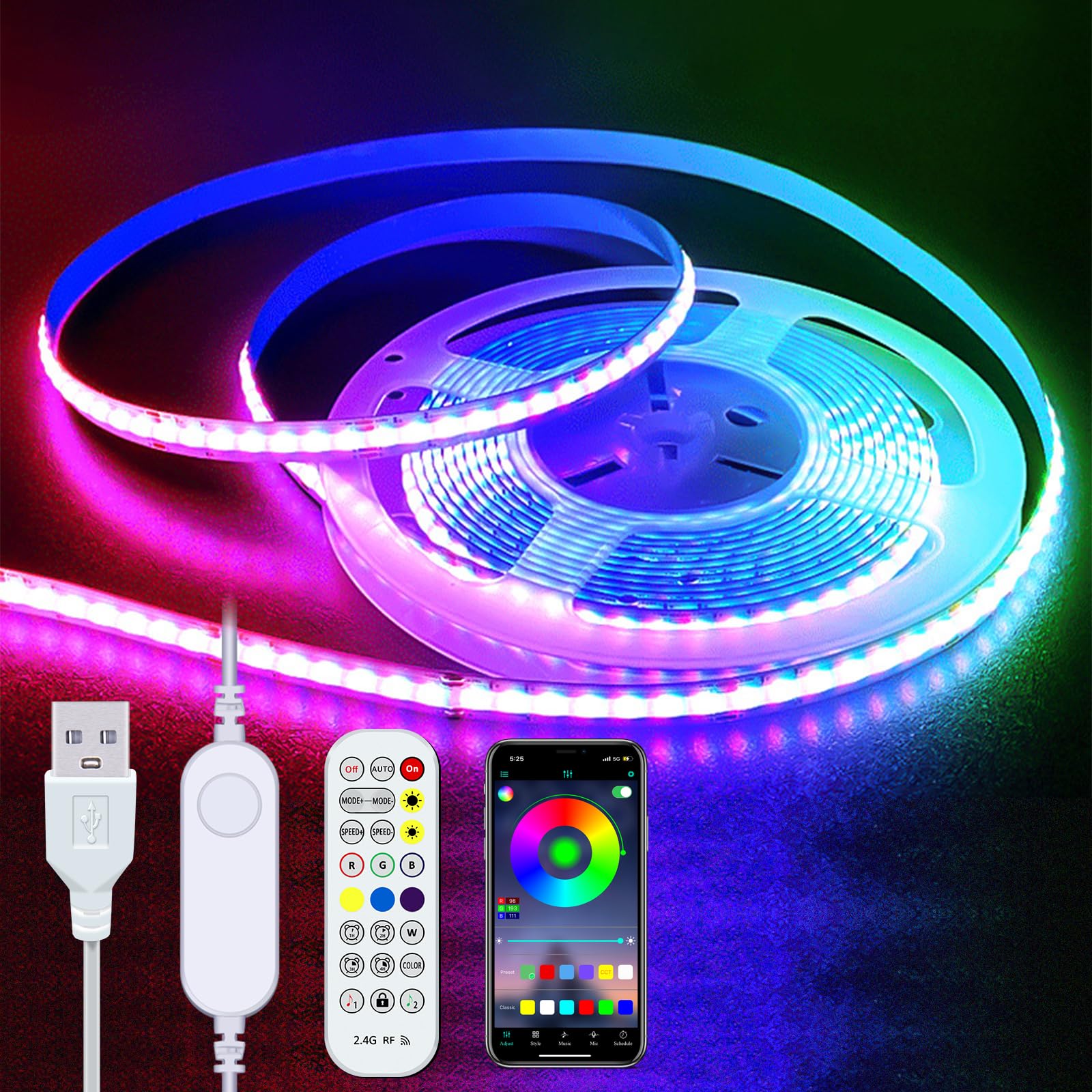 UVTaoYuan LED COB strip lights front view showing vibrant RGB colors for ambient decor