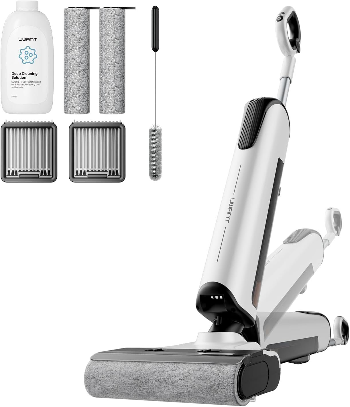 Uwant D100 suction power demonstrated on hard floors for deep cleaning efficiency.