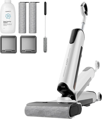 Uwant D100 suction power demonstrated on hard floors for deep cleaning efficiency.