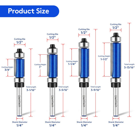 UwinVwin flush trim bit with 1/4-inch shank suitable for CNC and handheld routers