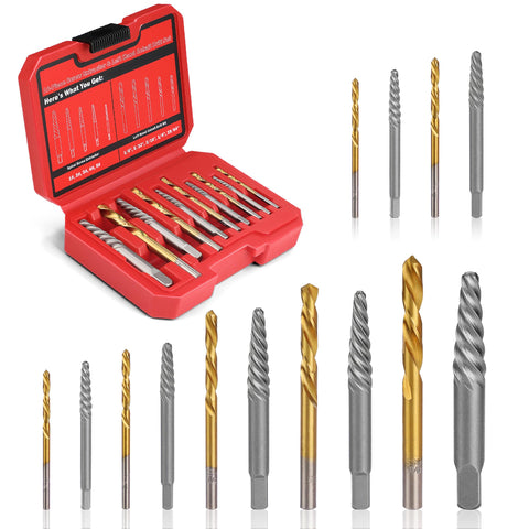 UYECOVE 14-piece screw extractor set in case for easy storage and transport.