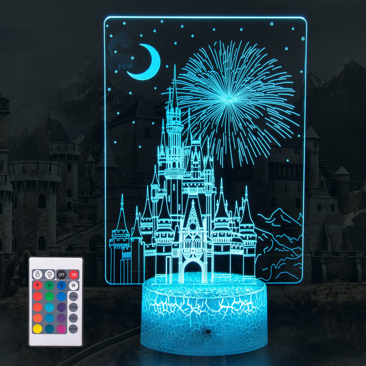 Uyeyuy castle lamp 3D illusion night light glowing softly in a kid's room