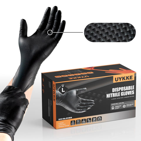UYKKE 10mil nitrile gloves with diamond texture for superior grip in wet or oily tasks.