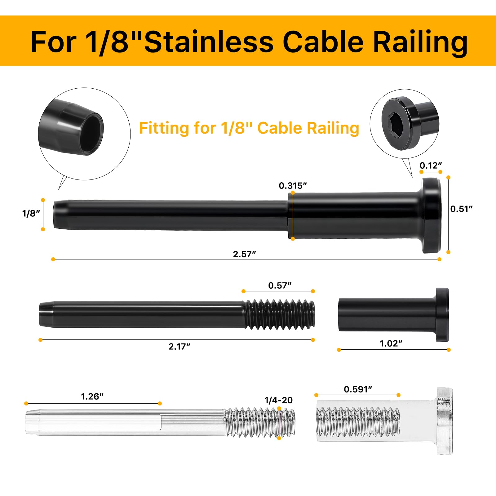 UZE swage end in black securely anchors cable with a neat finish