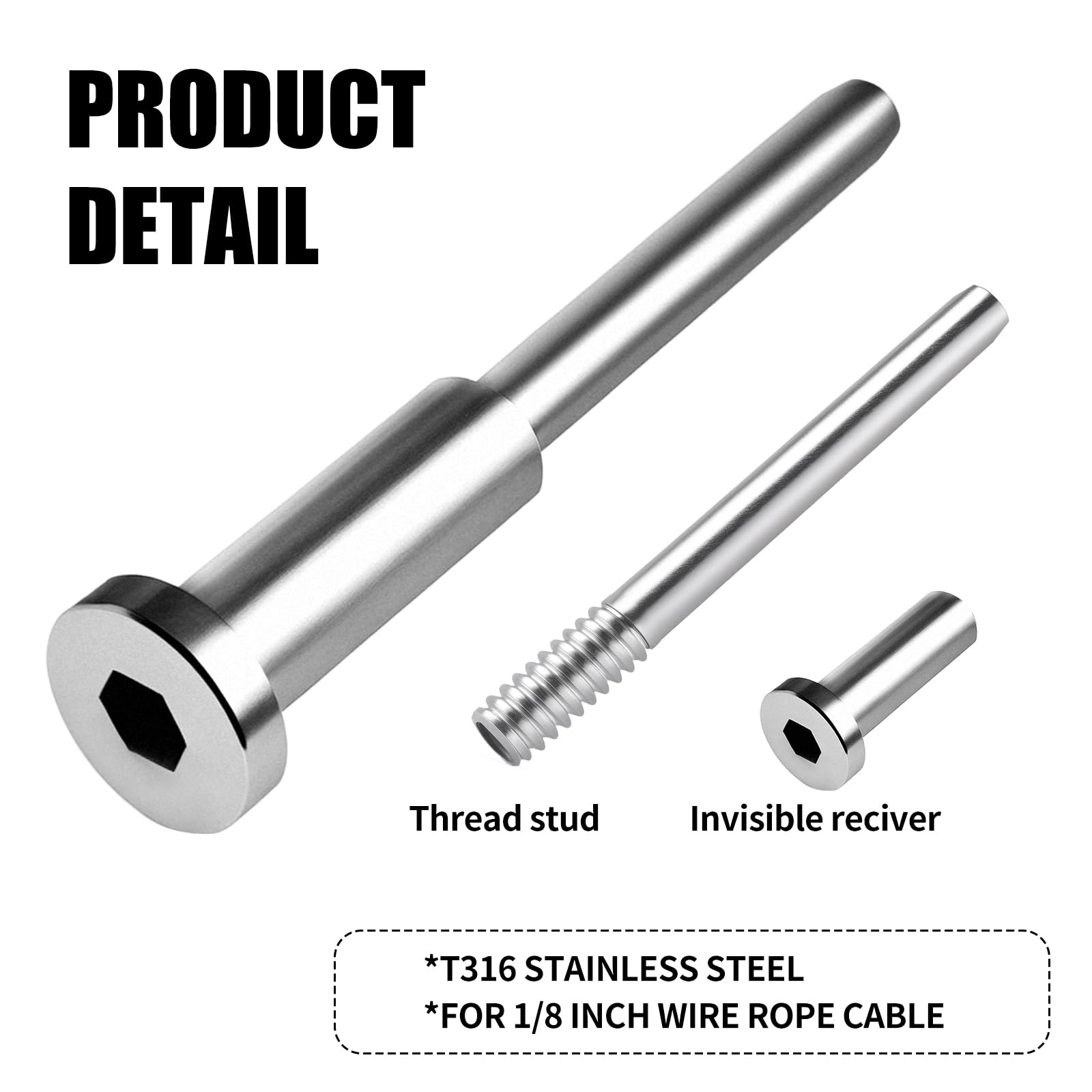 UZE swage stud end securing cable for a seamless rail