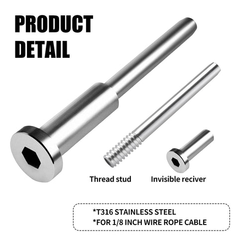 UZE swage stud end securing cable for a seamless rail