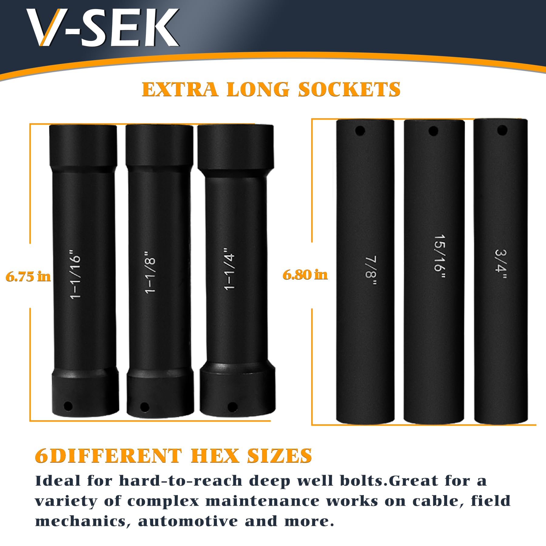 V-SEK extended length 15/16 in socket for deep access.