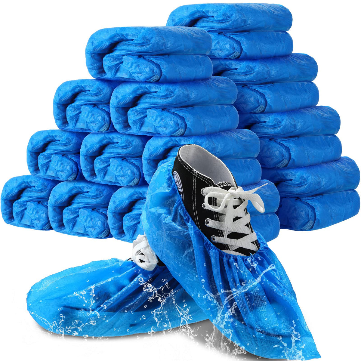 Vabean disposable blue shoe covers for indoor floors and guests.