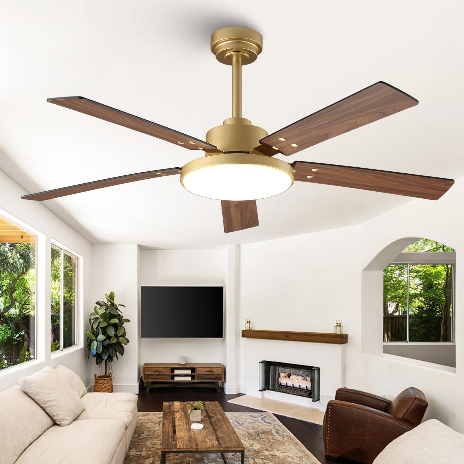 Vaczon 52-inch gold ceiling fan with light for spacious rooms, stylish focal point.