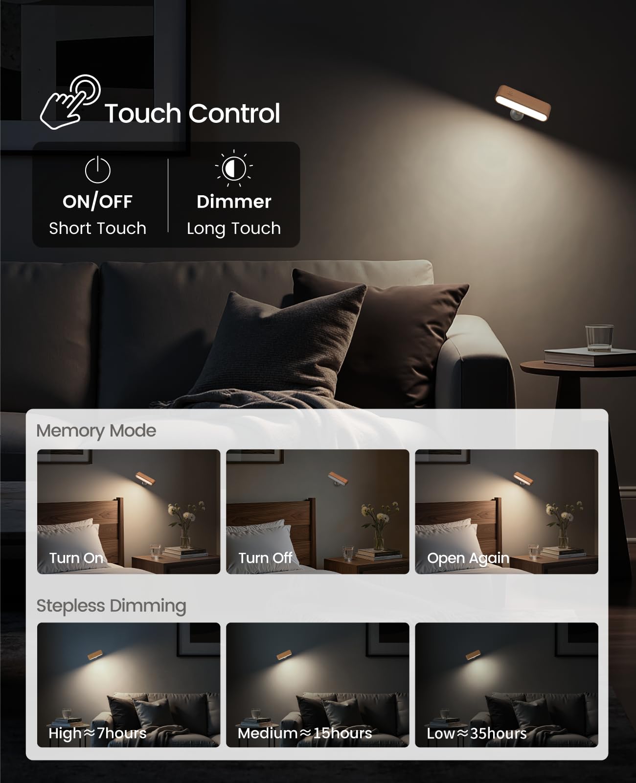 Vadifula Wood LED Sconce shows 360-degree rotation for flexible reading light.