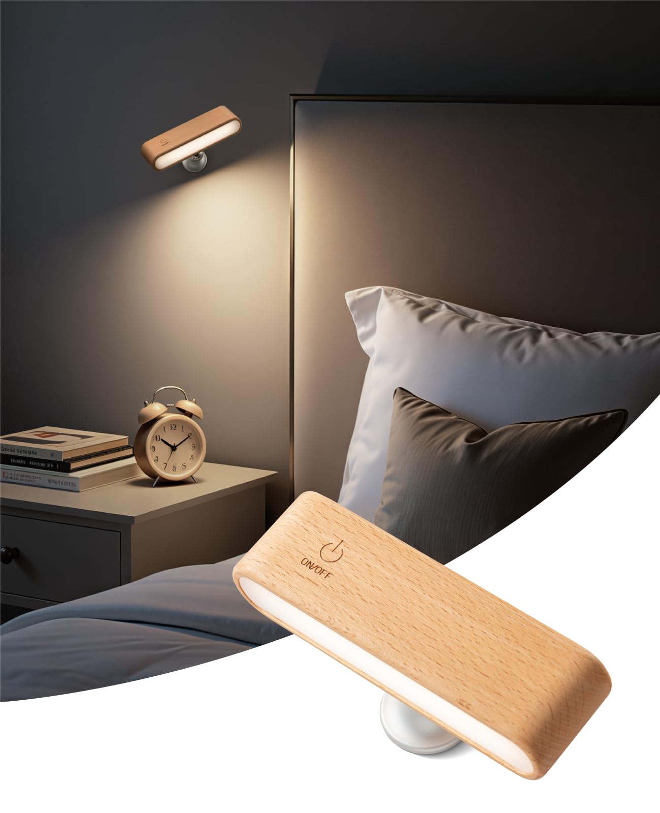 Vadifula Wood LED Sconce with wall-arc design for ambient bedroom lighting.