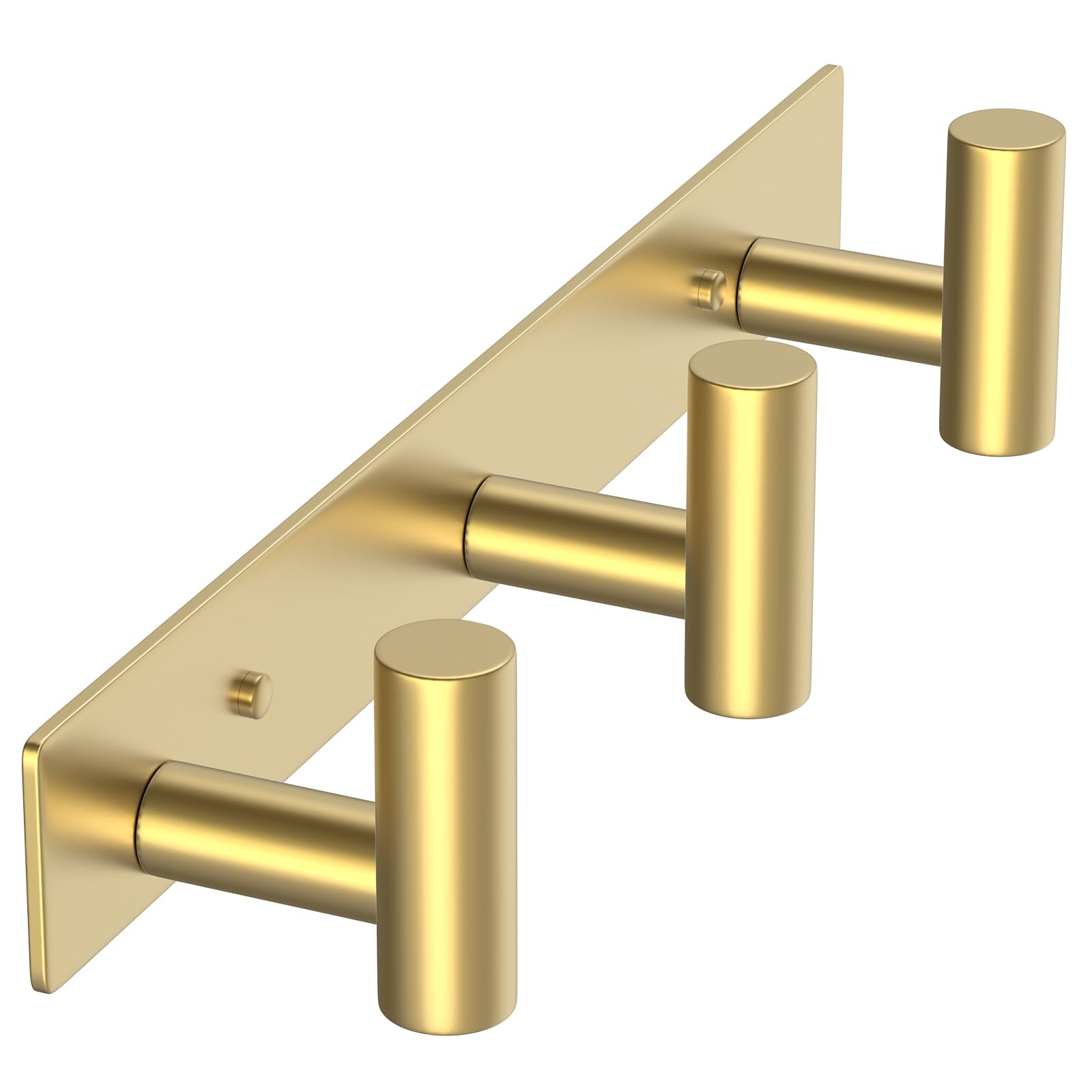 VAEHOLD gold T-shape wall mount with three hooks for towels, robes, and bags, keeps items organized.
