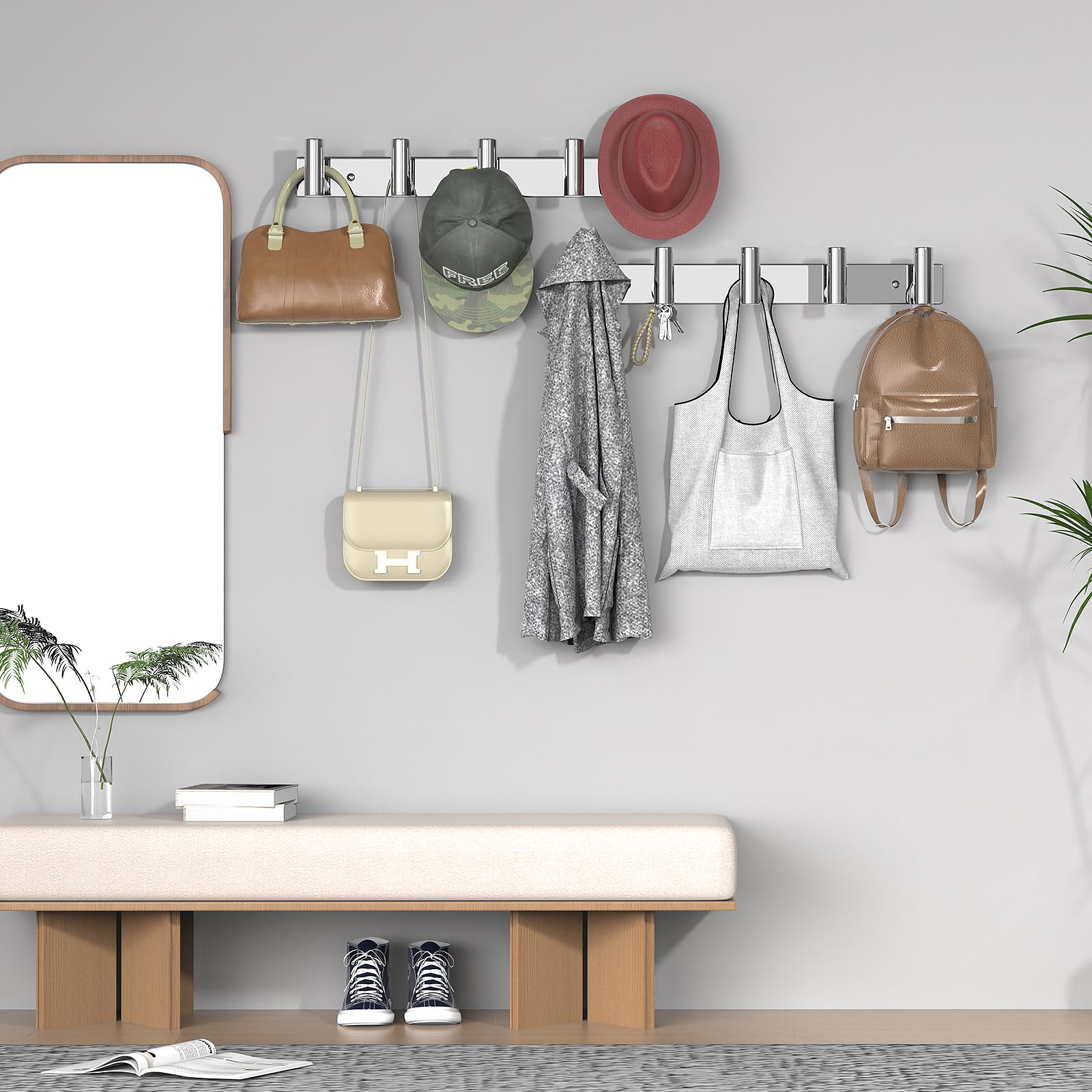 VAEHOLD entryway setup showing hats, bags, and keys on the rack