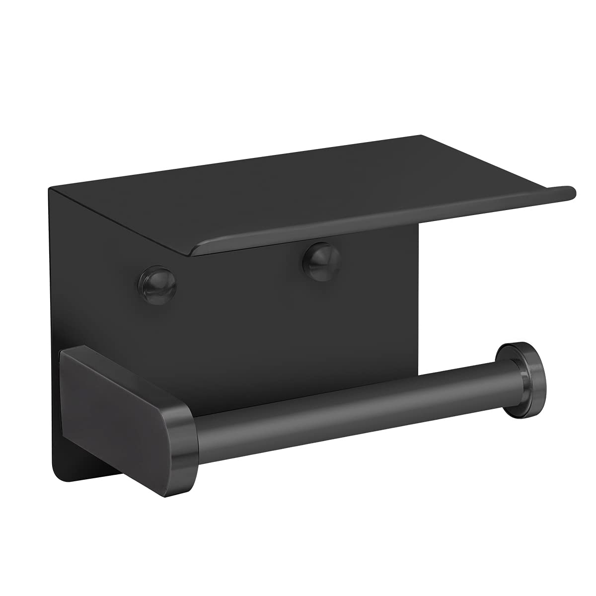 VAEHOLD self-adhesive toilet paper holder with phone shelf, front view, easy reach.