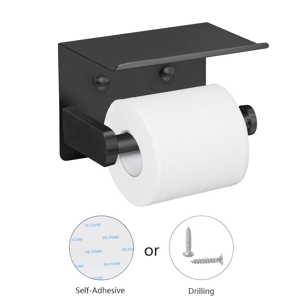 VAEHOLD self-adhesive toilet paper holder with phone shelf, top view, convenient surface.