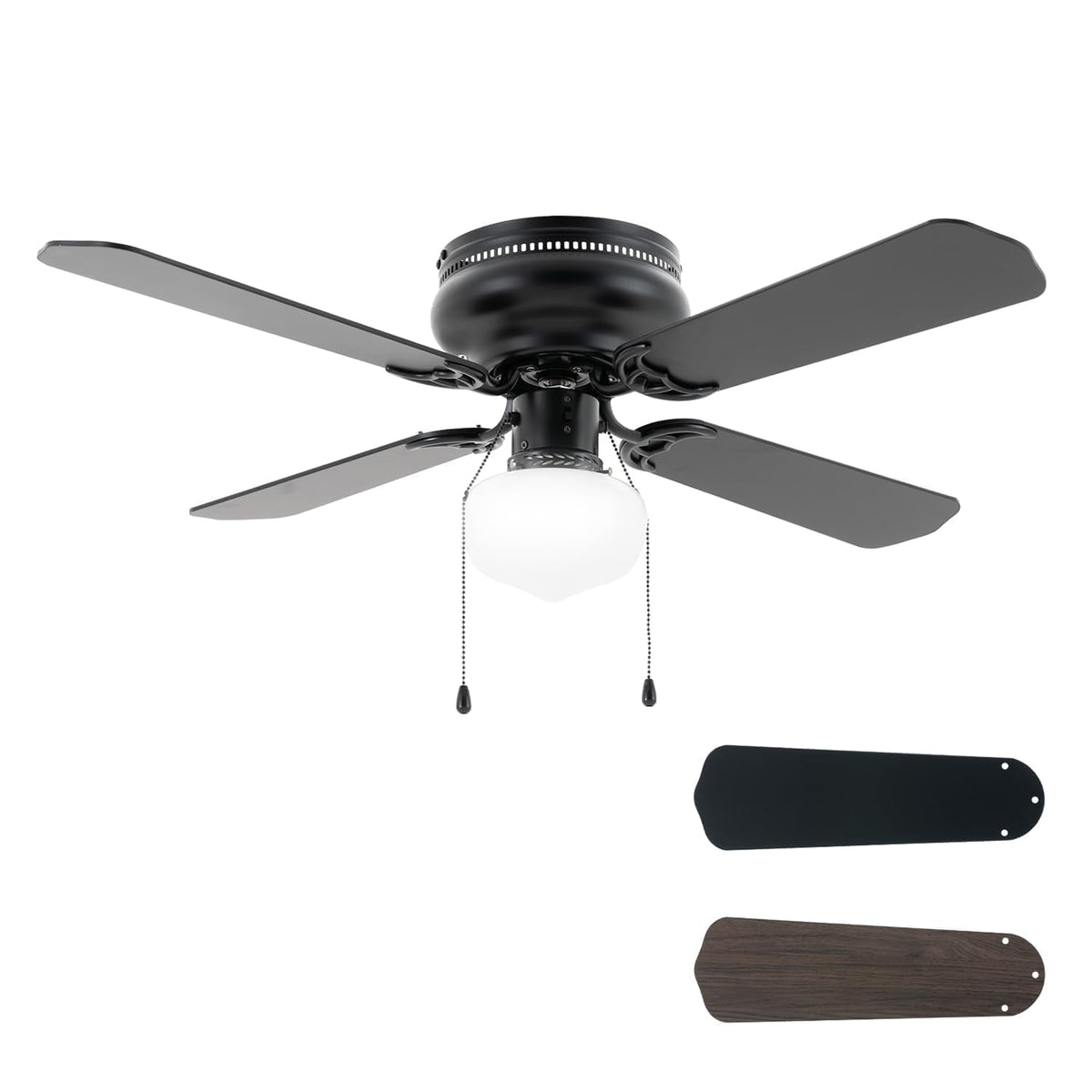 Vagizm 42-inch traditional ceiling fan in matte black with flush mount for low ceilings.