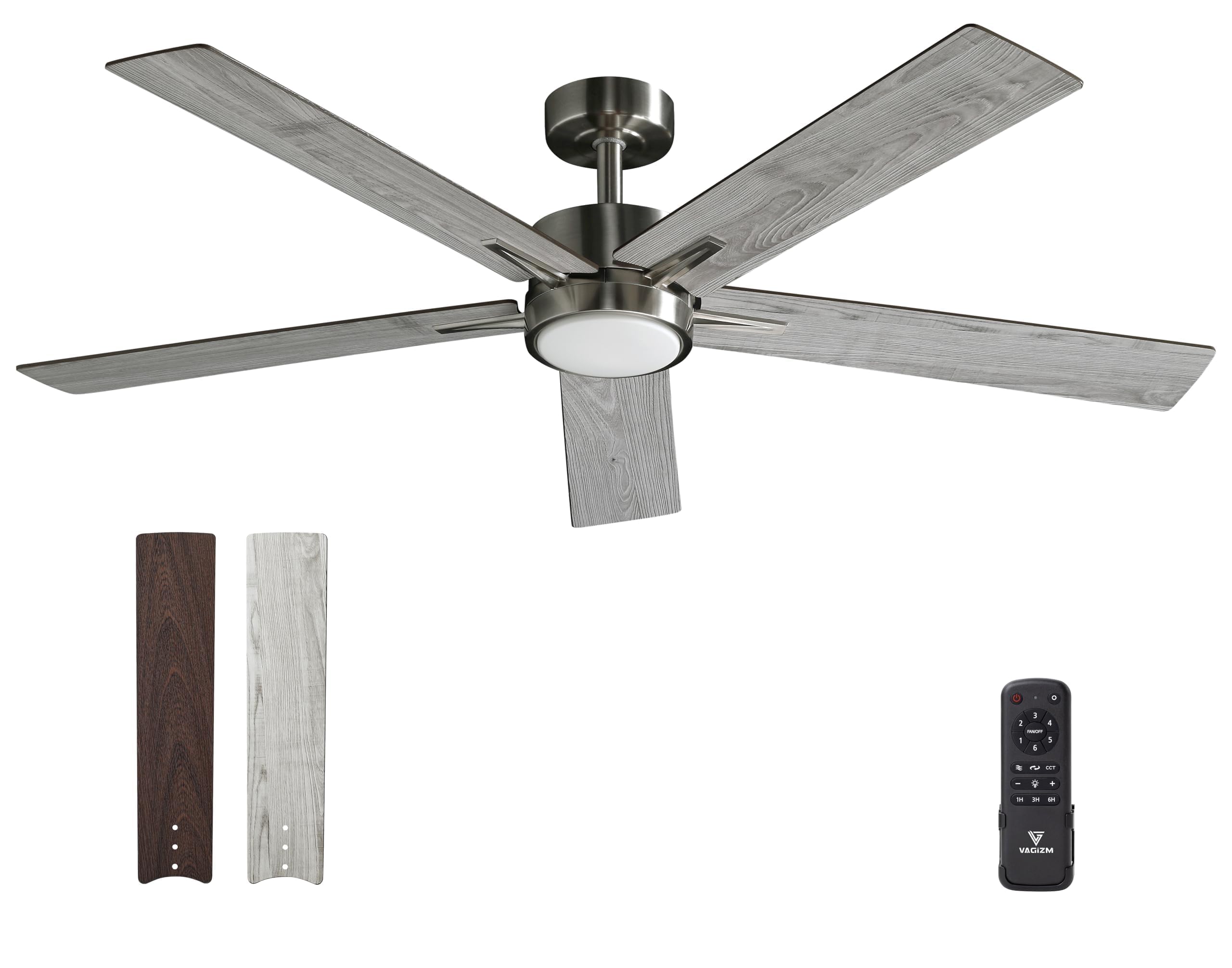 Vagizm 52-inch brushed nickel ceiling fan with remote for easy airflow control.