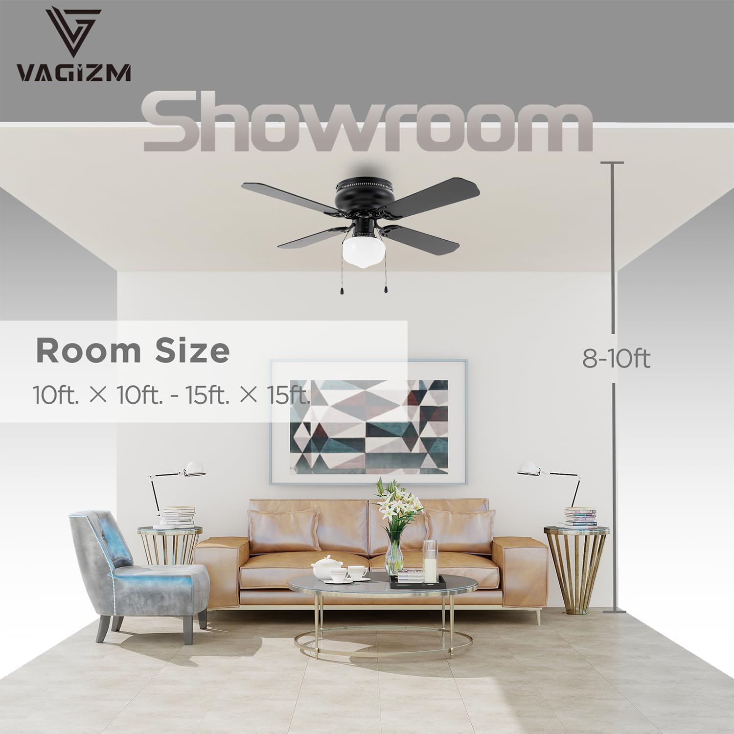 Vagizm flush-mount design provides stylish airflow in compact spaces like bedrooms.