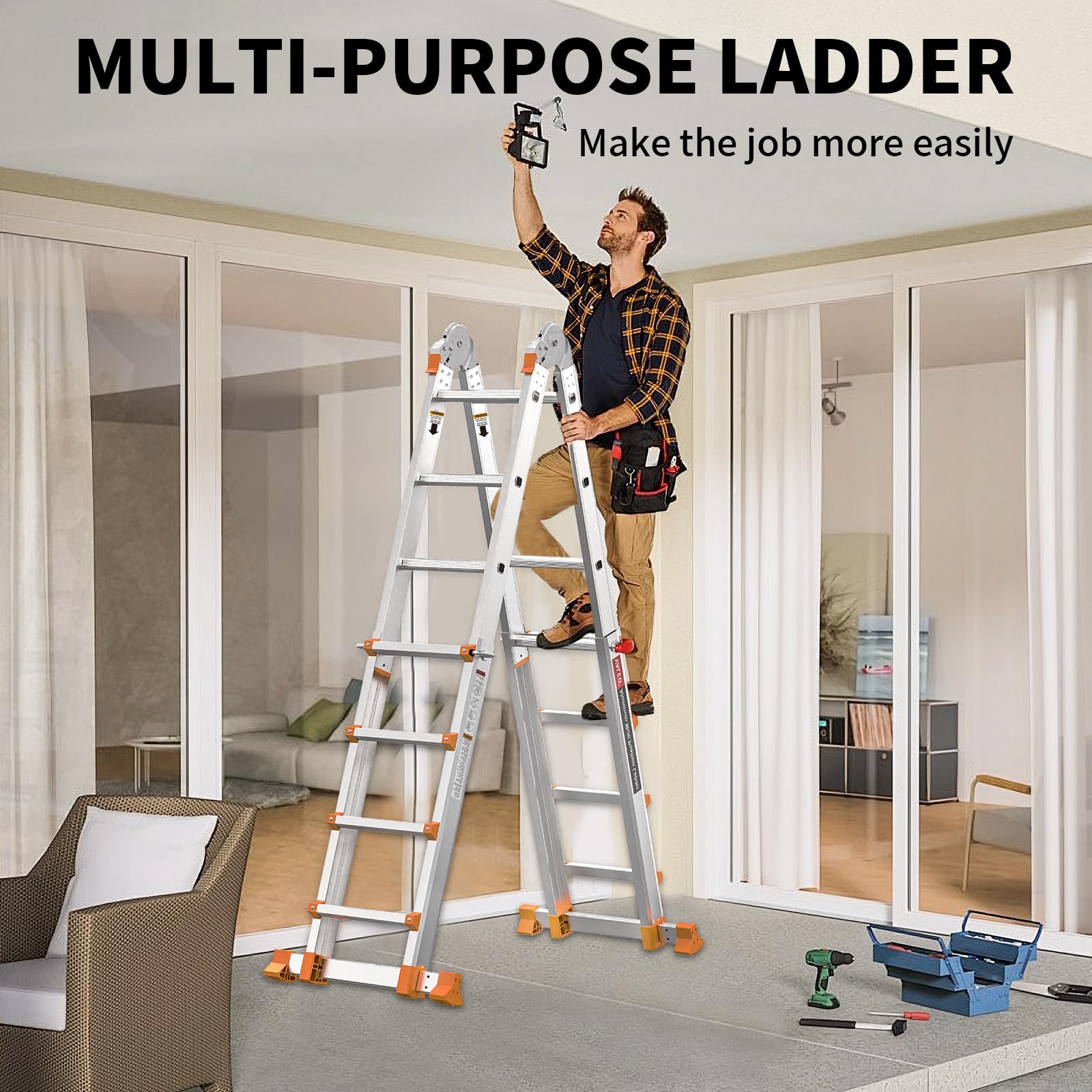 Valeo multi-position ladder converted to scaffold for versatile jobs