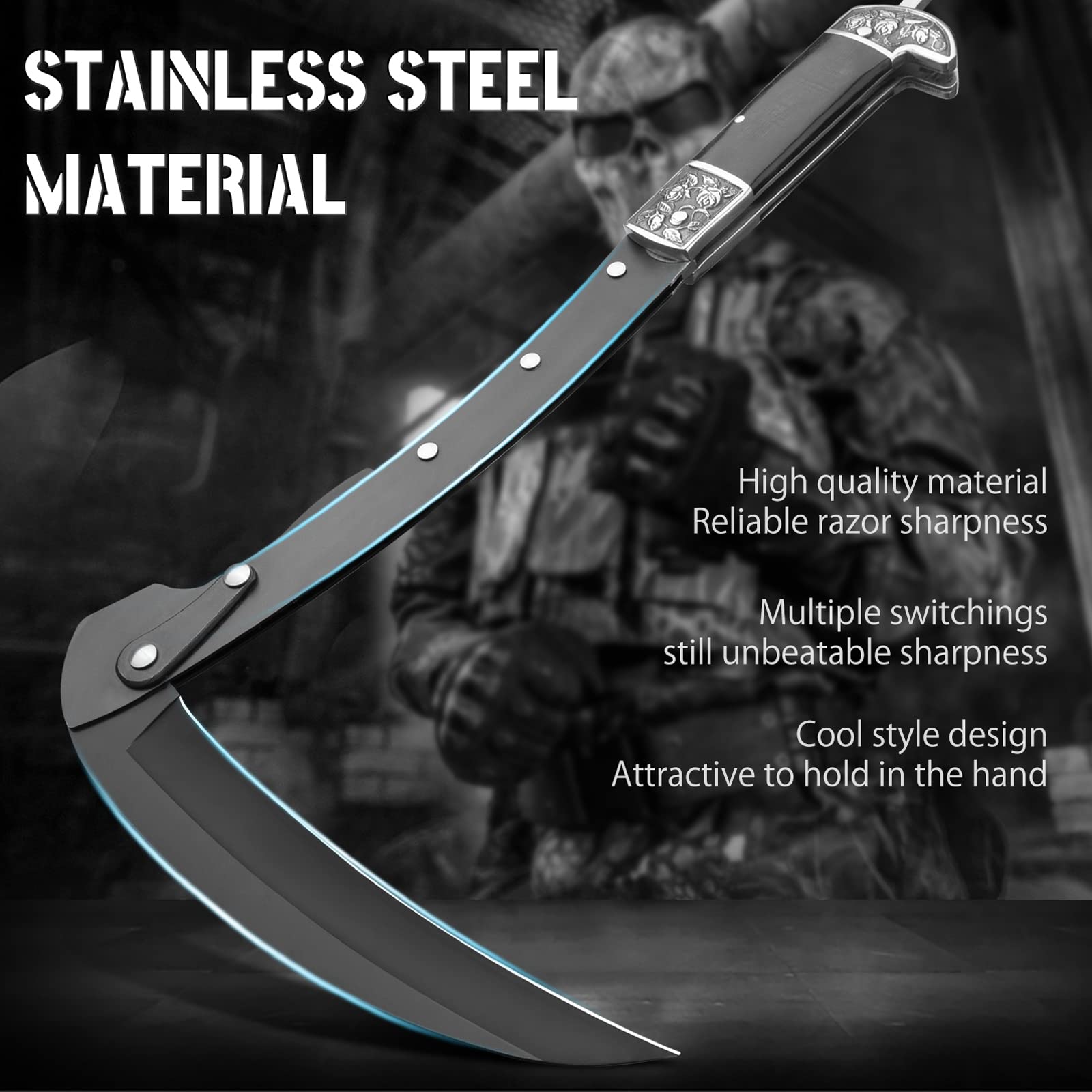 VALHALLA folding sickle black wood handle shows unique grain and comfortable grip