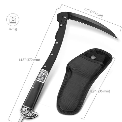 VALHALLA folding sickle dimensions show compact 370 mm length and sturdy build