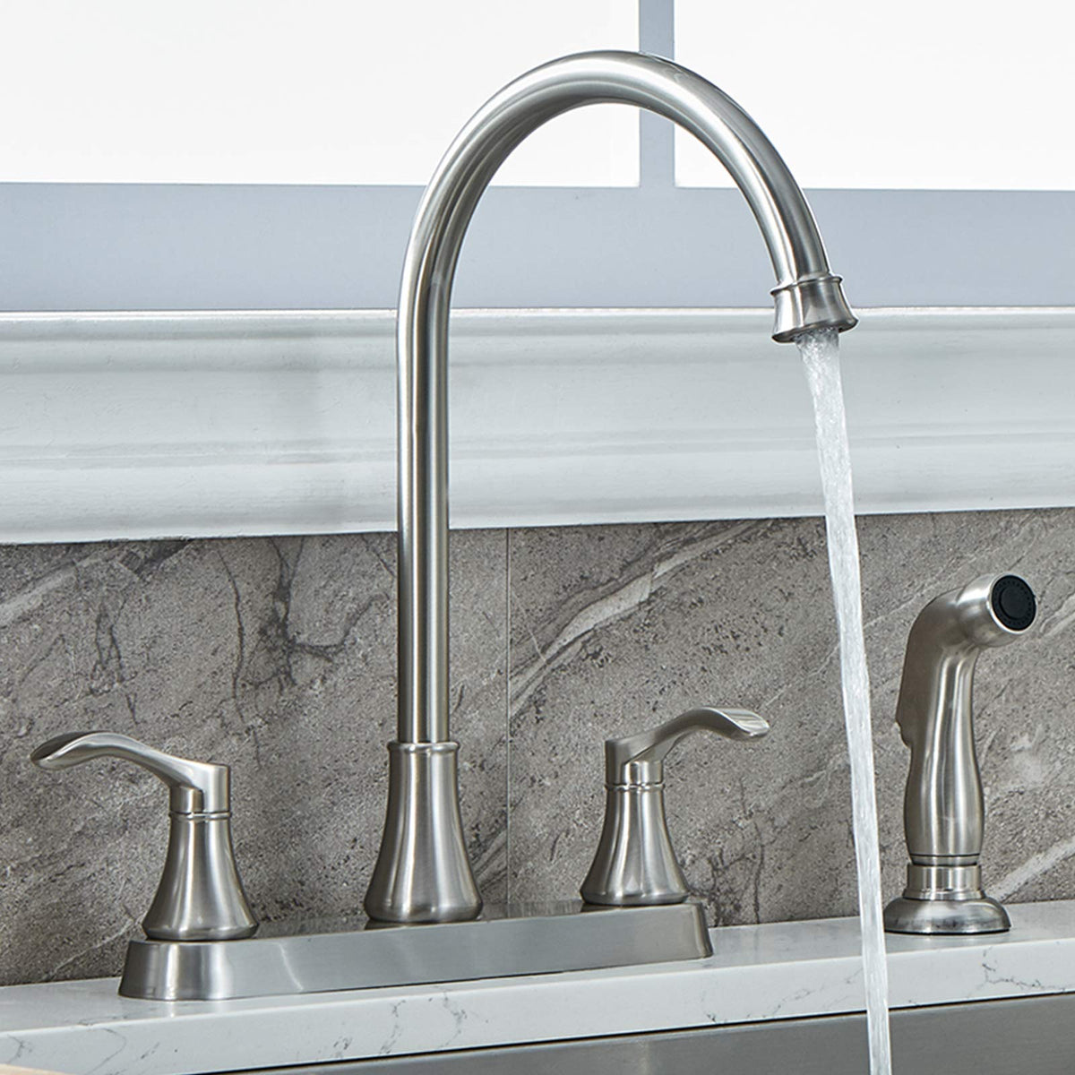 VALISY 3-4 hole kitchen faucet front view shows versatile mounting options