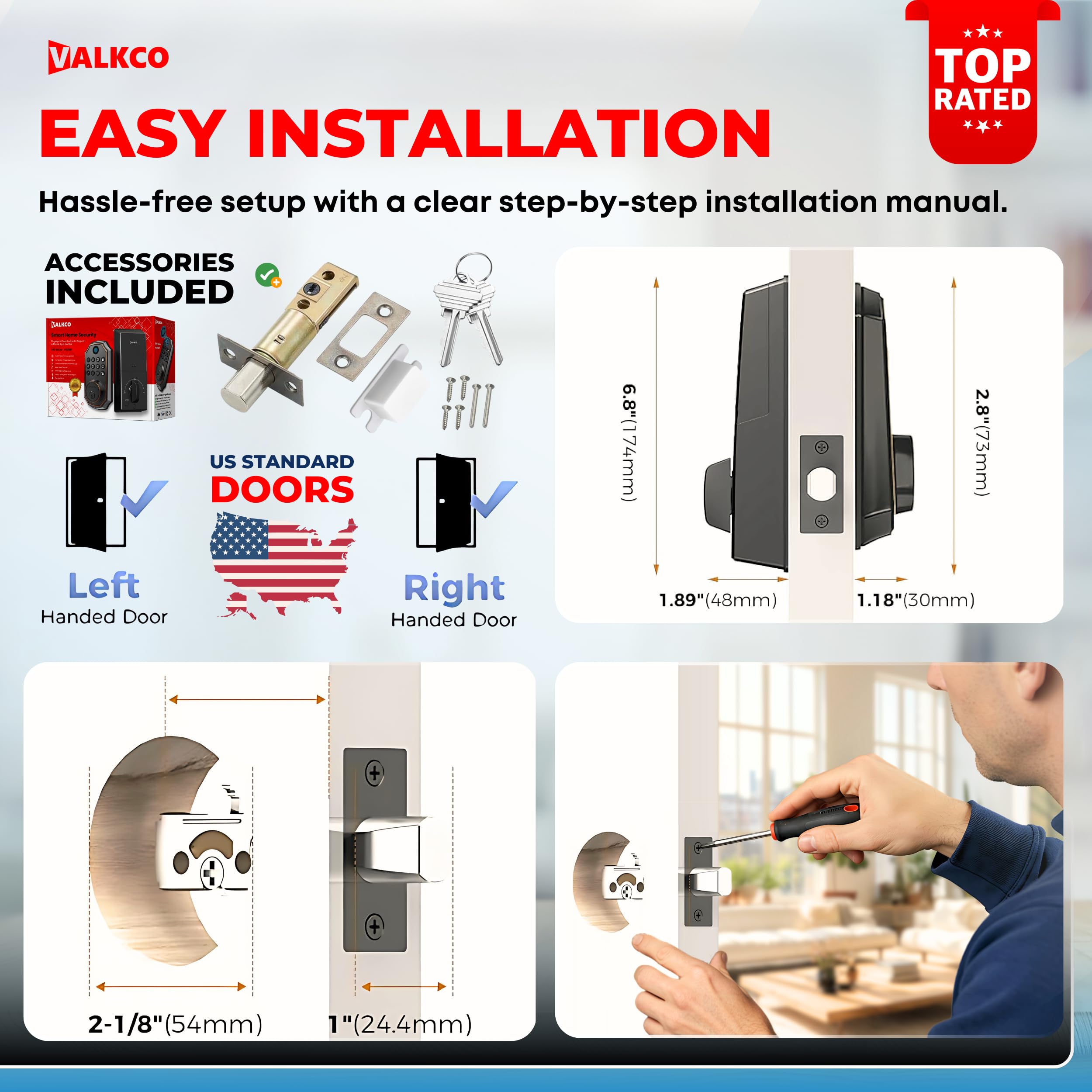 VALKCO V5O5BF easy door installation with included tools