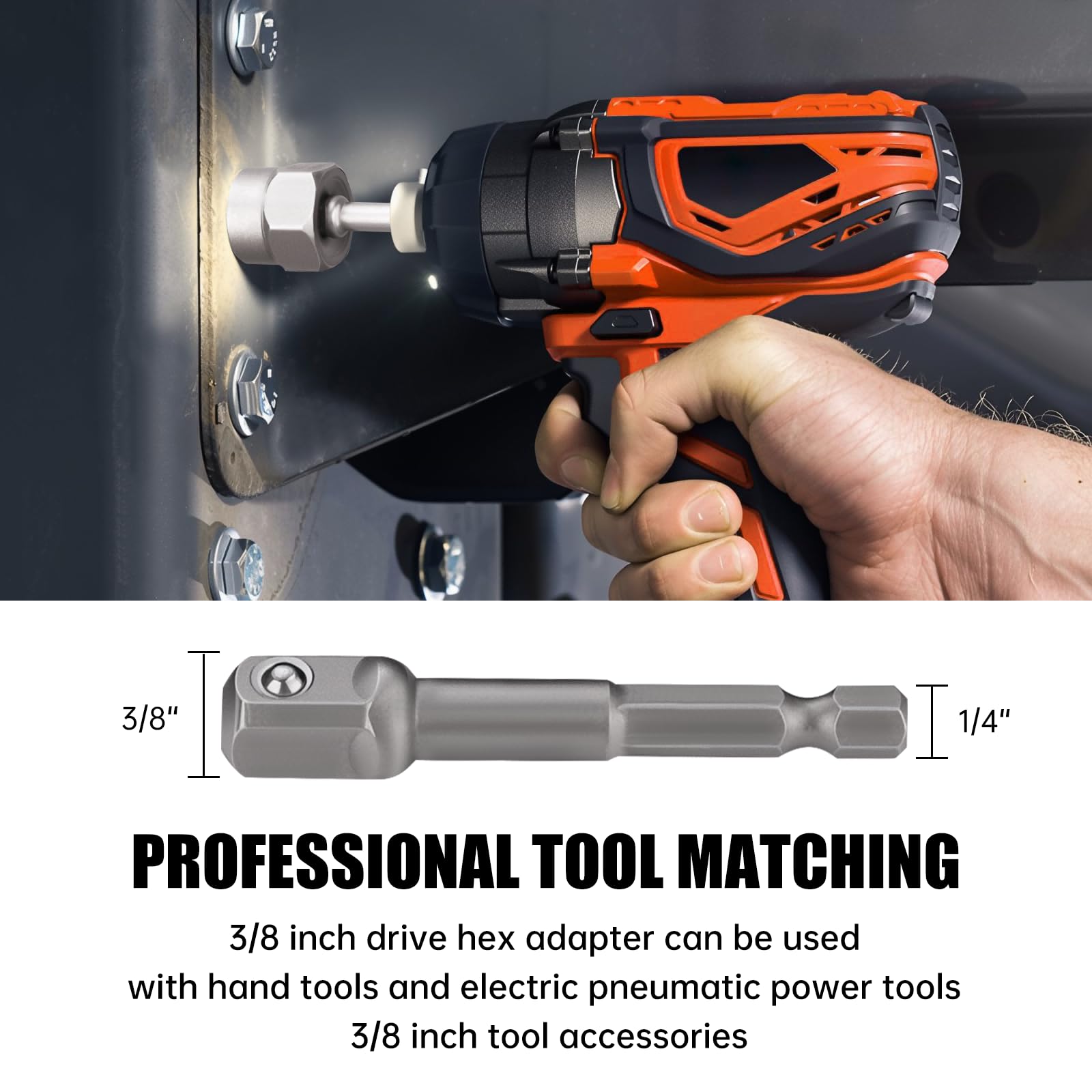 Valkynos 3/8 drive adapter and hex shank for impact wrench compatibility.