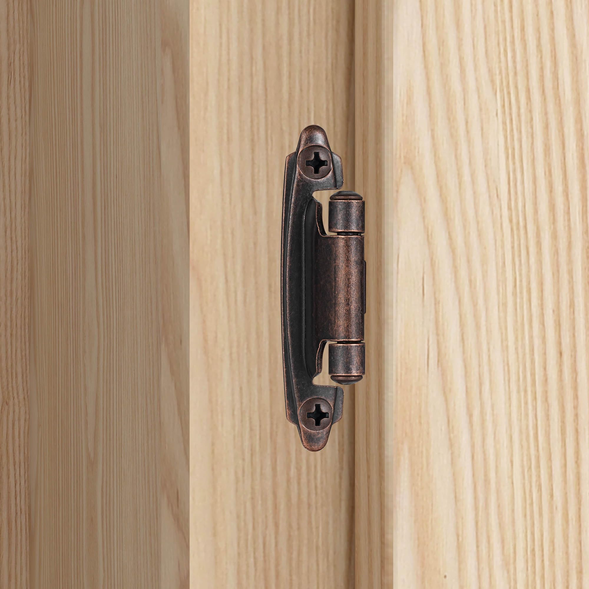 Vallecloud 1/2-overlay hinge visible in kitchen setting with smooth self-closing action.