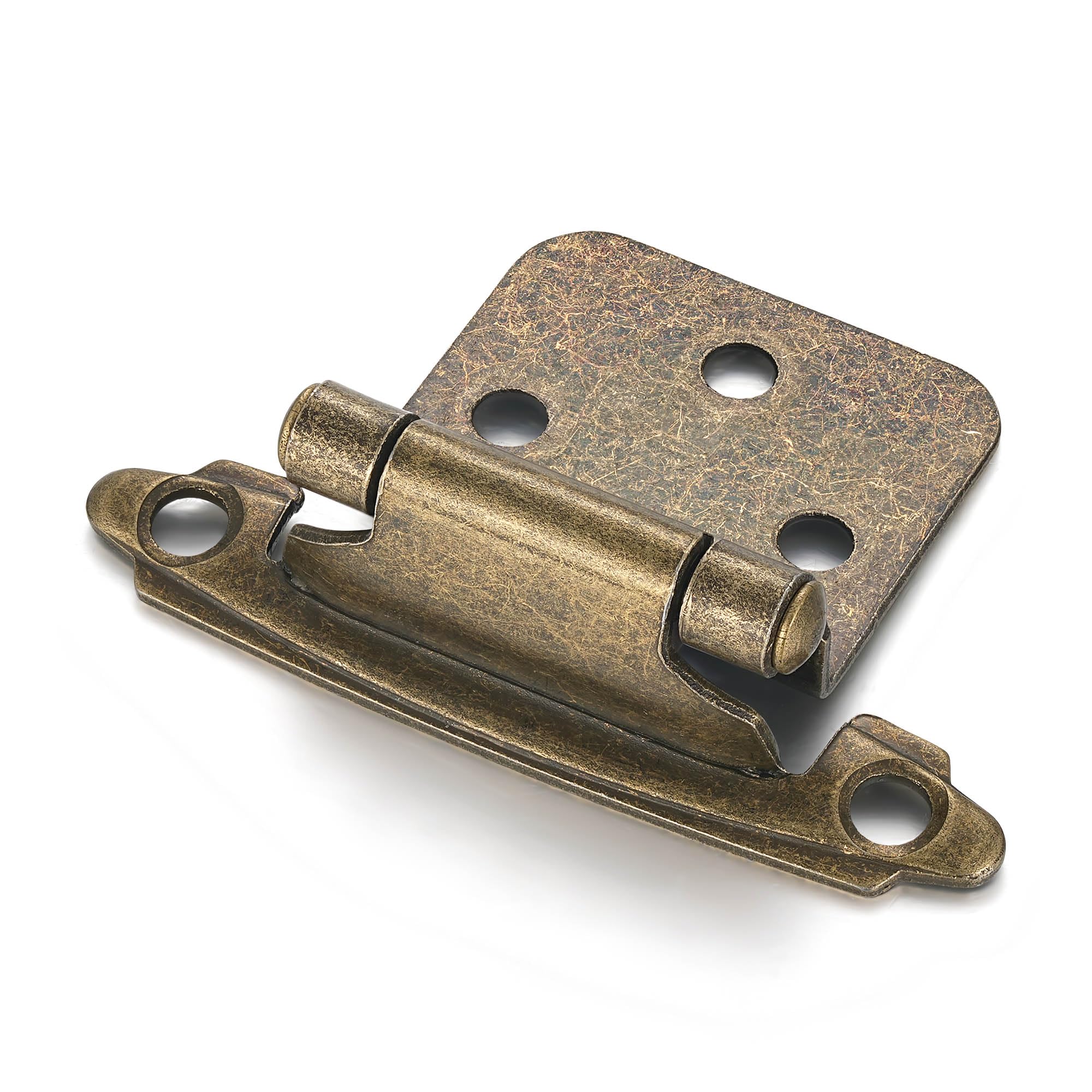 Vallecloud antique brass hinges close-up showing sturdy steel finish.