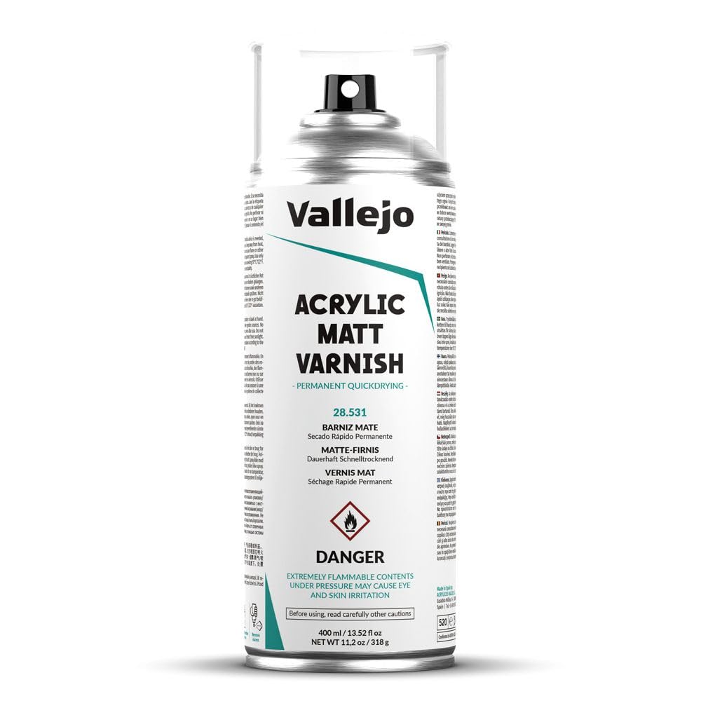 Vallejo Acrylic Matt Varnish Spray front view showcases a protective, non-yellowing finish for models and crafts.