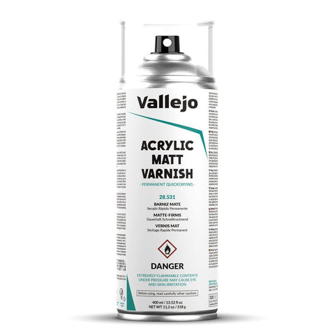 Vallejo Acrylic Matt Varnish Spray front view showcases a protective, non-yellowing finish for models and crafts.